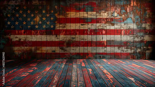 An old wooden wall painted with an American flag.