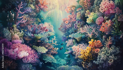 Explore the hidden depths of a vast coral reef in a dreamlike portrayal  featuring soft pastel hues and intricate details of sea creatures illuminated by dappled light