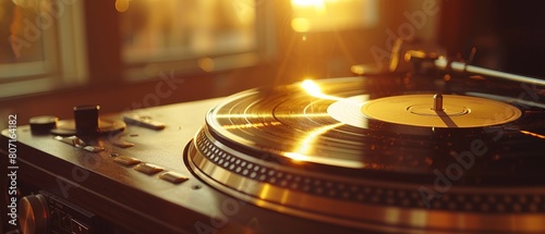 A golden record player playing a classic vinyl, with the warm glow of music spreading through the room photo