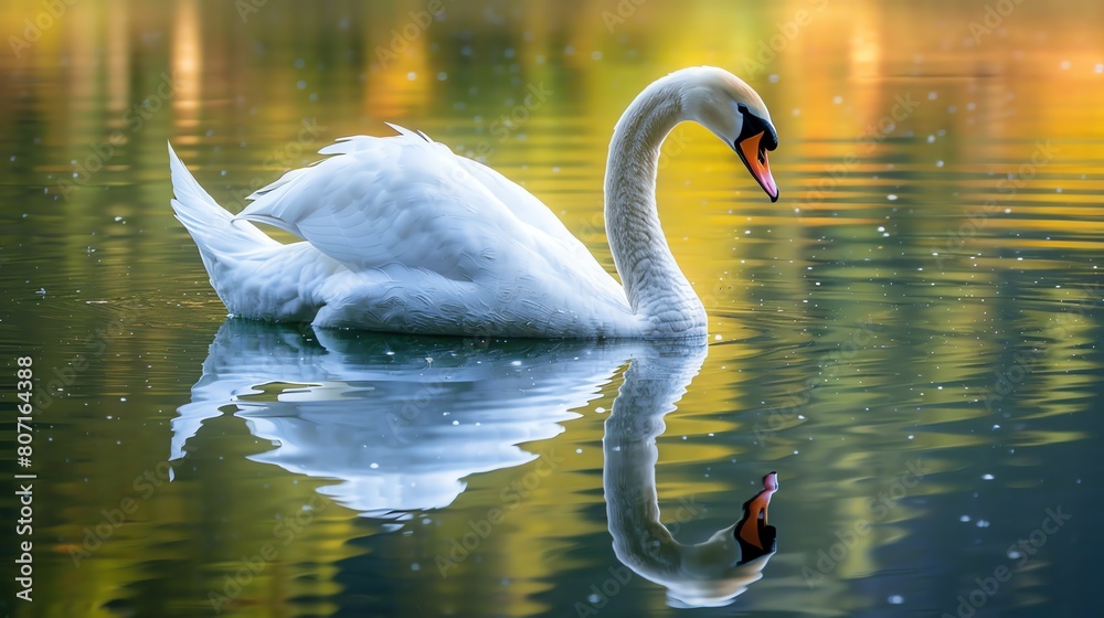 Fototapeta premium A graceful swan glides across the still waters of a lake, its reflection shimmering in the sunlight.