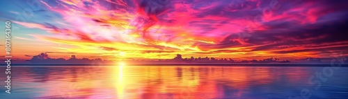 A golden sunset painting a vibrant sky with streaks of orange, pink, and purple photo