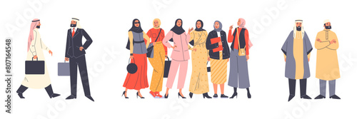 Set of muslim people dressed in traditional clothes flat style