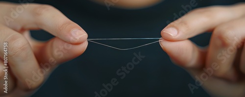 A person flossing their teeth, with a single strand of floss extending between their fingers photo