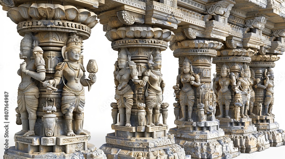 A row of statues of women are carved into stone pillars