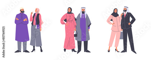 Arab couples man and woman in Muslim clothing, flat vector illustration isolated.