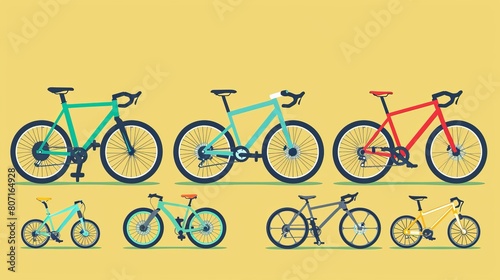 Poster with six bicycle silhouettes (racing/road bike, touring bike, mountain bike, BMX, hybrid and city bike). Modern icons.