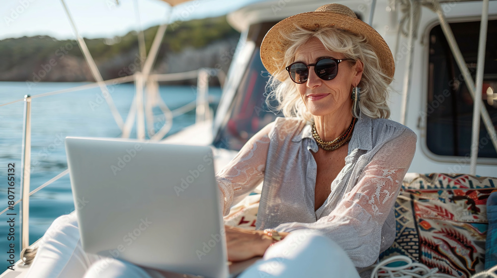 A chilled out executive woman in her 60s working on laptop computer at a boat, on vacation, boss life