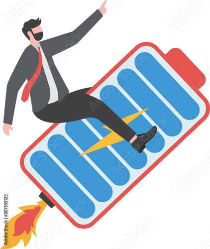 Energetic businessman propelling a rocket full of energy. business concept vector

