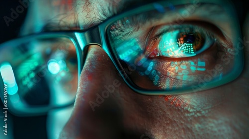 Close-up of a hacker's eyes illuminated by the glow of computer screens, plotting cyber attacks with nefarious intent. photo