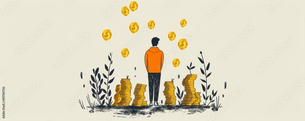 Obraz premium A simple line drawing of a person investing in gold, emphasizing the concept of wealth and value with a single stroke