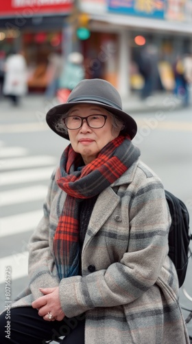 Elderly Asian woman seated on bench wearing hat and scarf