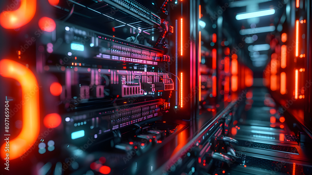 A 3D render of a computer data center AI