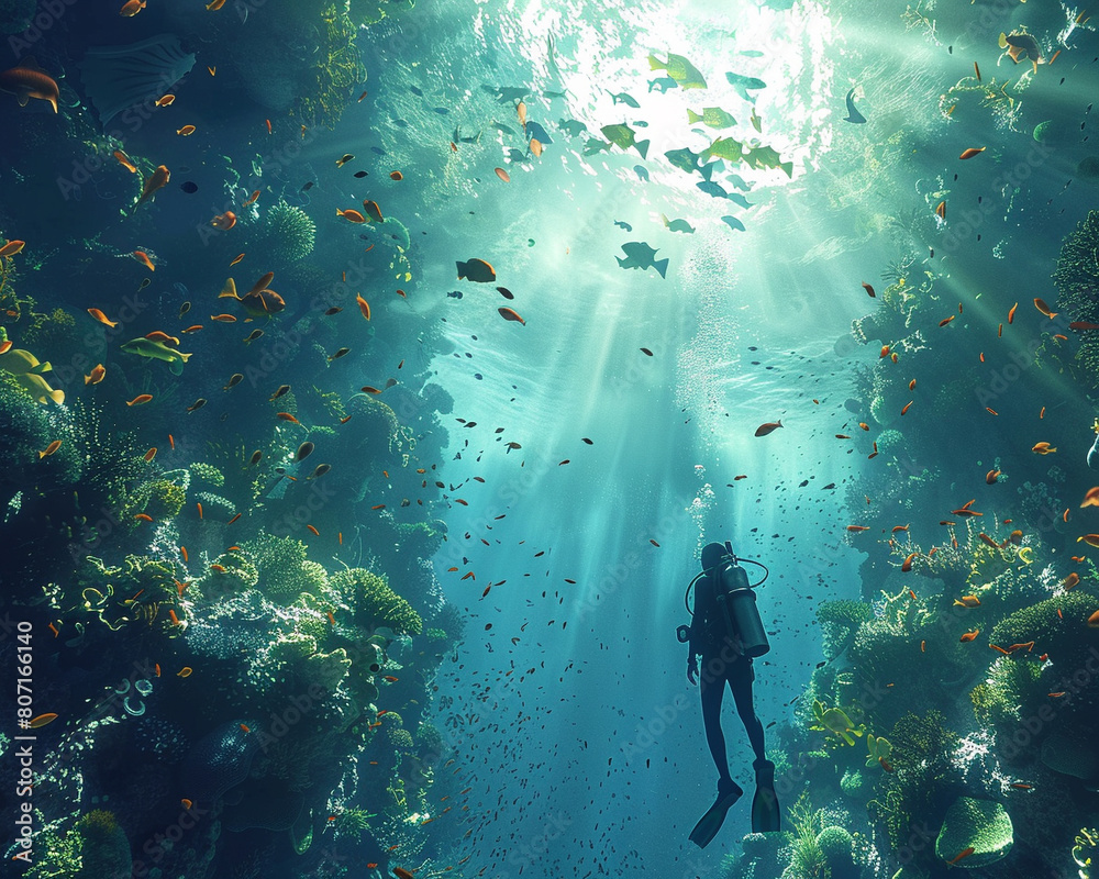 Naklejka premium A scuba diver explores a coral reef teeming with colorful fish.