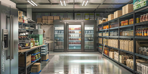 Food Storage Area Floor: Featuring walk-in refrigerators, freezers, dry storage shelves, and staff organizing and rotating stock