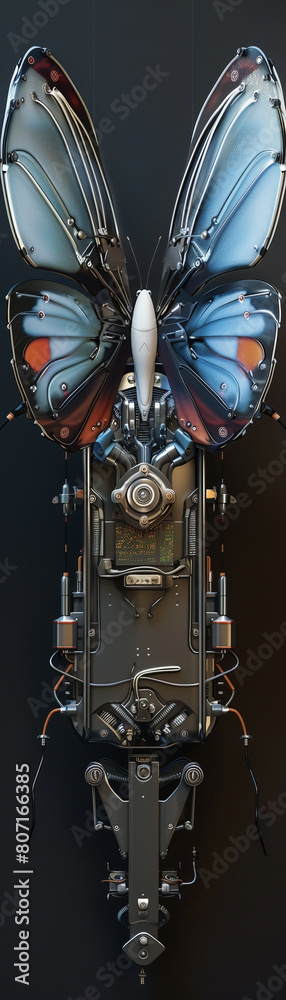 Fototapeta premium The image is a digital composite of a butterfly with a mechanical body