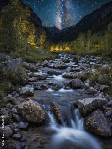 mountain river in the mountains starry night  long exposure