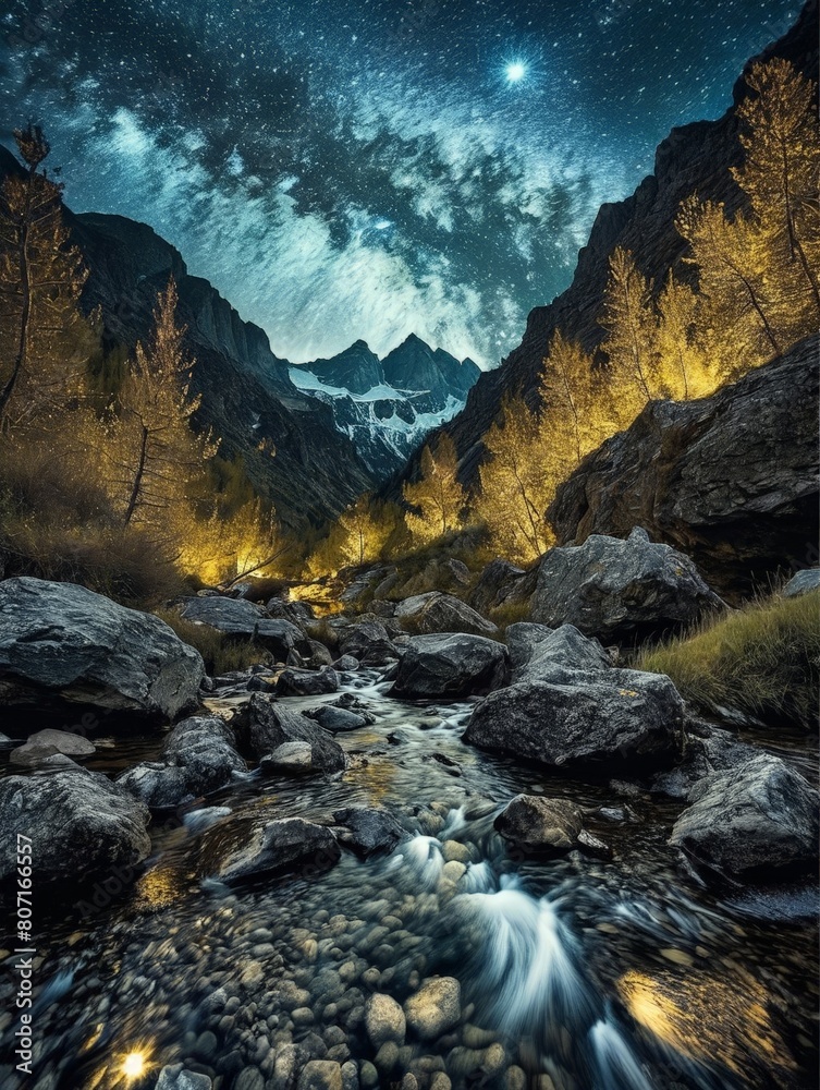 Obraz premium mountain river in the mountains,starry night, long exposure