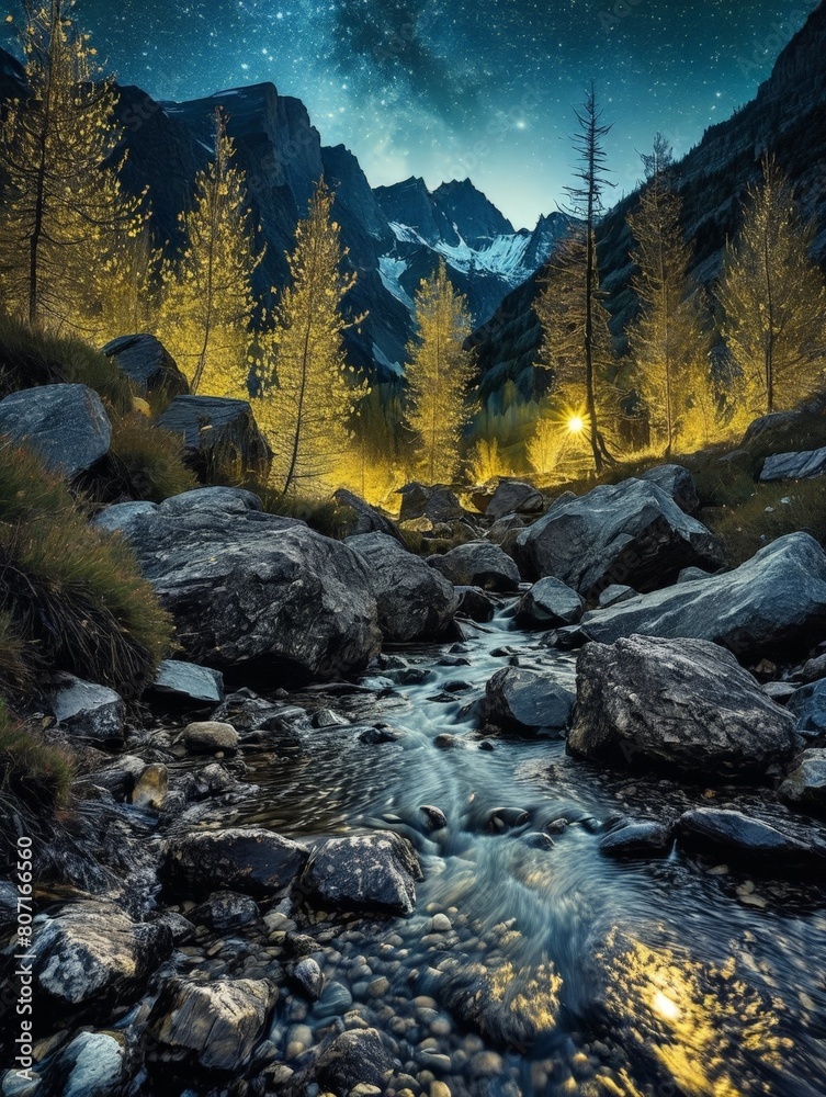 Fototapeta premium mountain river in the mountains,starry night, long exposure