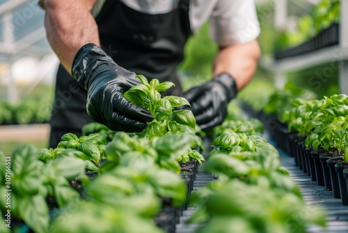 Farmer tending to hydroponic basil plants, demonstrating innovative cultivation methods for aromatic herbs.