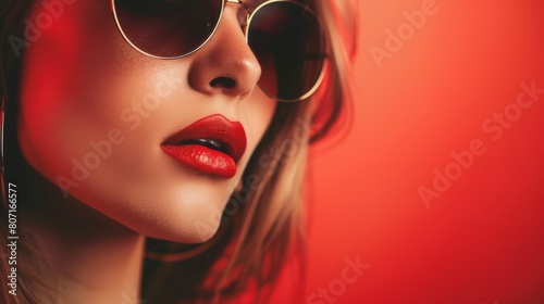 A stylish woman sporting red lipstick and round sunglasses in a vintage, grunge-inspired setting