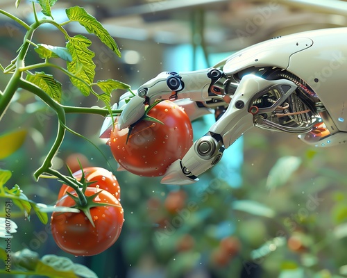 Illustrate the moment when a robotic gardening assistant delicately plucks a ripe tomato against a futuristic backdrop Focus on the contrast between the advanced tools and the orga photo