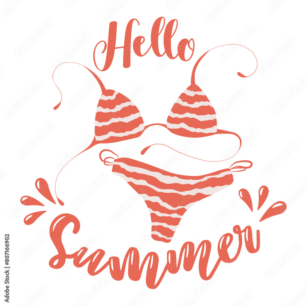 Vector illustration with hand drawn quote Hello Summer and red swimsuit ...