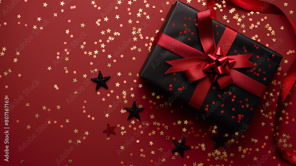 Top view black gift box, adorned with vibrant red ribbon, surrounded by golden star-shaped confetti.
Top view black gift box, adorned with vibrant red ribbon, surrounded by golden star-shaped confetti.