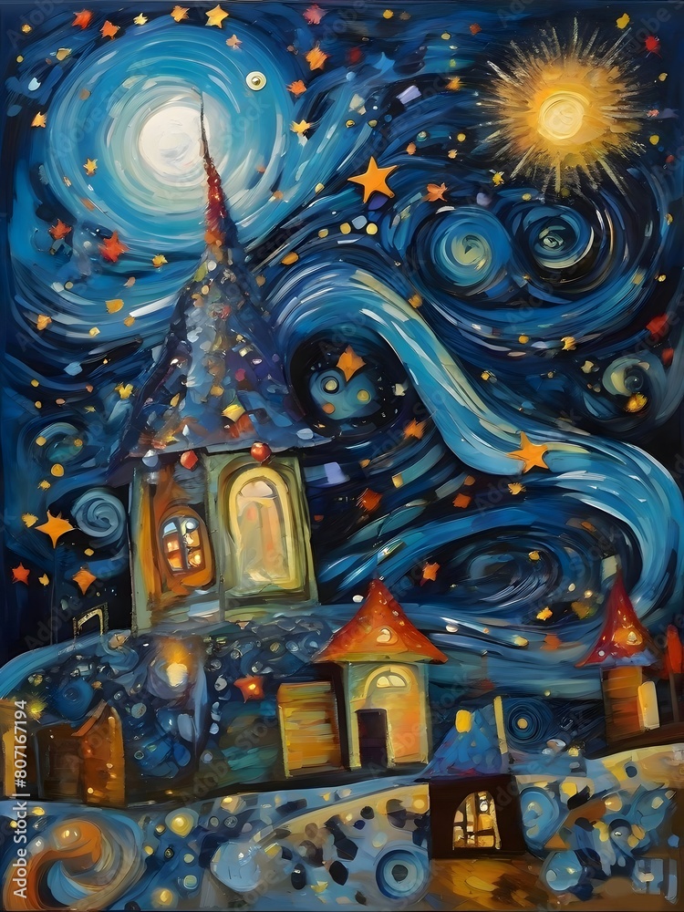Fototapeta premium Landscape Starry Night Illustration Inspired Art