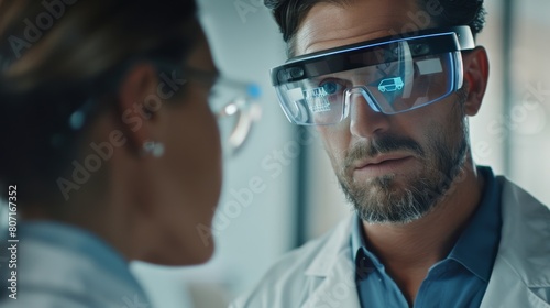 A physician wearing AR glasses, accessing medical literature and research data while discussing treatment options with a patient.