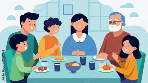 During a family dinner everyone takes turns sharing their thoughts and actively listening to each other practicing mindful communication..