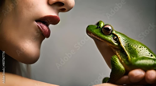 Frau küsst Frosch auf der Suche nach dem richtigen Partner fürs Leben photo