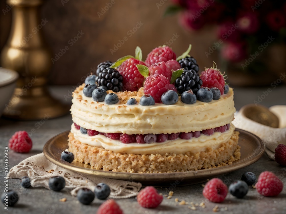 Napoleon cake covered with brown crumb, topped with raspberries and blueberries, cozy kitchen in the background 