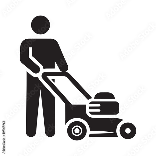 Lawn mower, man. Simple black vector icon, png