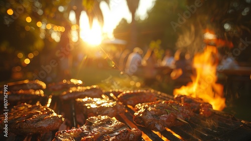 BBQ cooking on the grill with a blurred party vibe in the background, adding to the ambiance of outdoor fun. © Piyaphorn