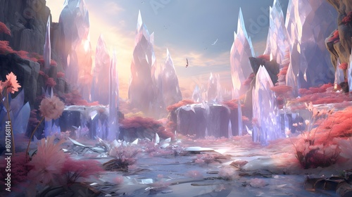 Fantasy landscape with ice floes in the sea. 3d illustration photo
