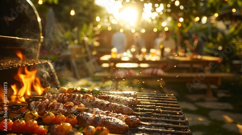Delicious BBQ grilling with a lively party blurred in the background, evoking the spirit of backyard gatherings.