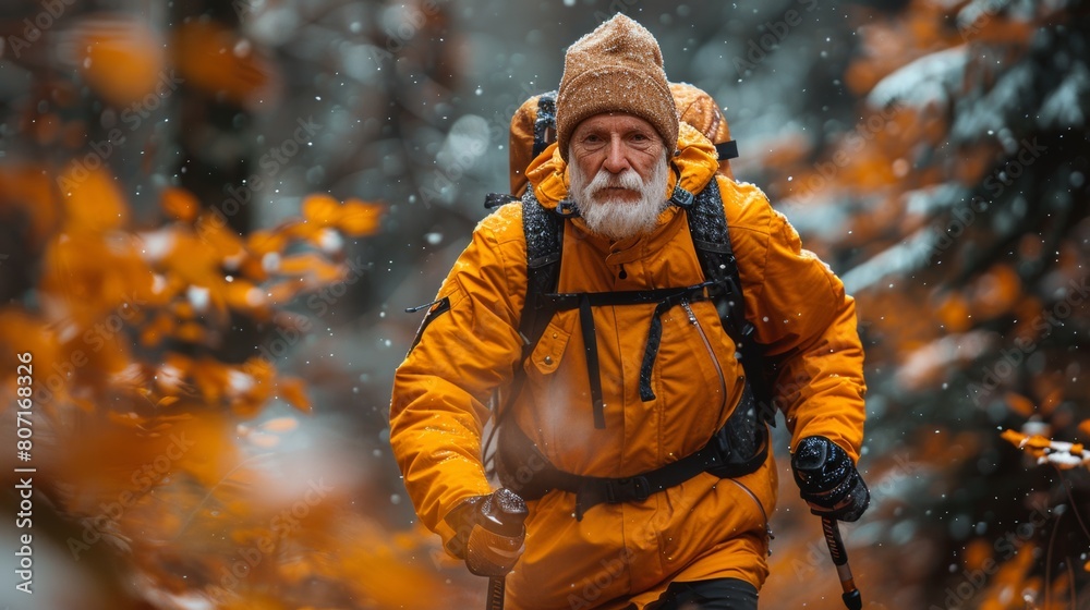 Fit senior powering through a forest trail with determination and grace, inspiring others to pursue fitness at any age. Fit senior powering through a forest trail with determination and grace, inspiring others to pursue fitness at any age.