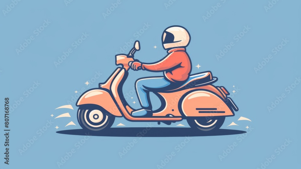 An illustration of a happy person riding a classic scooter, depicted in a stylized, colorful Mediterranean scene.