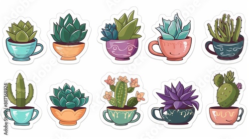An adorable collection of succulents and cactus in cups. Aloe vera, poison ivy, gymnocalycium, haworthia, echeveria.