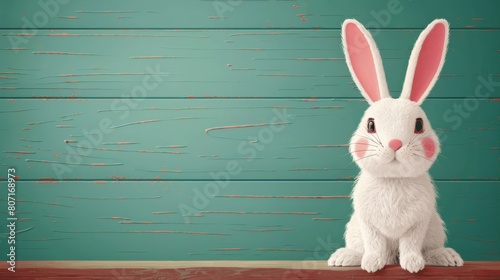 A white fluffy bunny with pink ears peeking out against a blue wooden background.