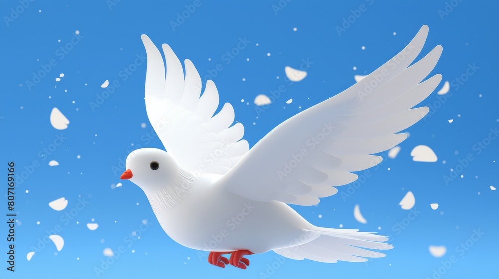 Illustration of a white dove in flight against a clear blue sky, feathers falling gently around it. Illustration of a white dove in flight against a clear blue sky, feathers falling gently around it.