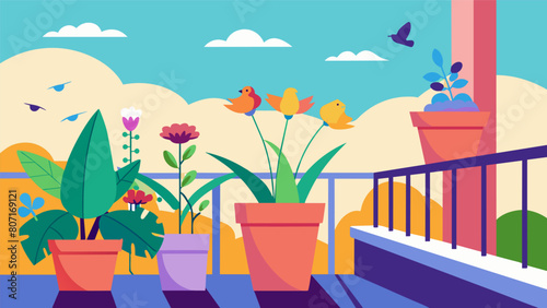 A potted flower garden lining a narrow balcony providing a colorful backdrop for bird watching..