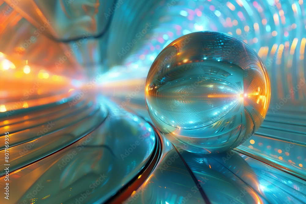3D rendering of a glass ball on a glossy surface with colorful reflections. 3D rendering of a glass ball on a glossy surface with colorful reflections.