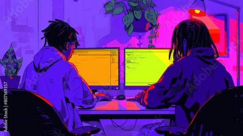 Illustration of two software developers coding at a workplace with dual monitors and vibrant colors.