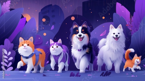 Illustration of joyful dogs and cats running together in a stylized, vibrant urban park setting.