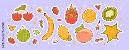 Set of exotic summer tropical fruits, in kawaii style. lemon, cherry, lime, watermelon, dragon fruit, star fruit and kiwi, strawberries. Healthy food. Peach Fuzz. For stickers, design elements