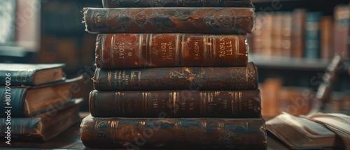 Antique Book Collection, Stacked old books with leather bindings, Historical literature, Copy space photo