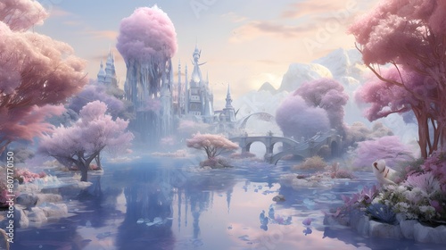 Fantasy landscape with fantasy lake and clouds. 3d illustration.