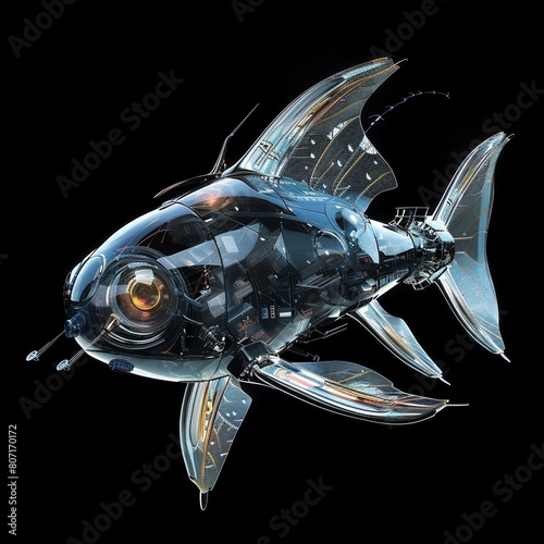 The robotic fish is made of metal and glass. It has a camera for an eye and a light for a mouth. photo