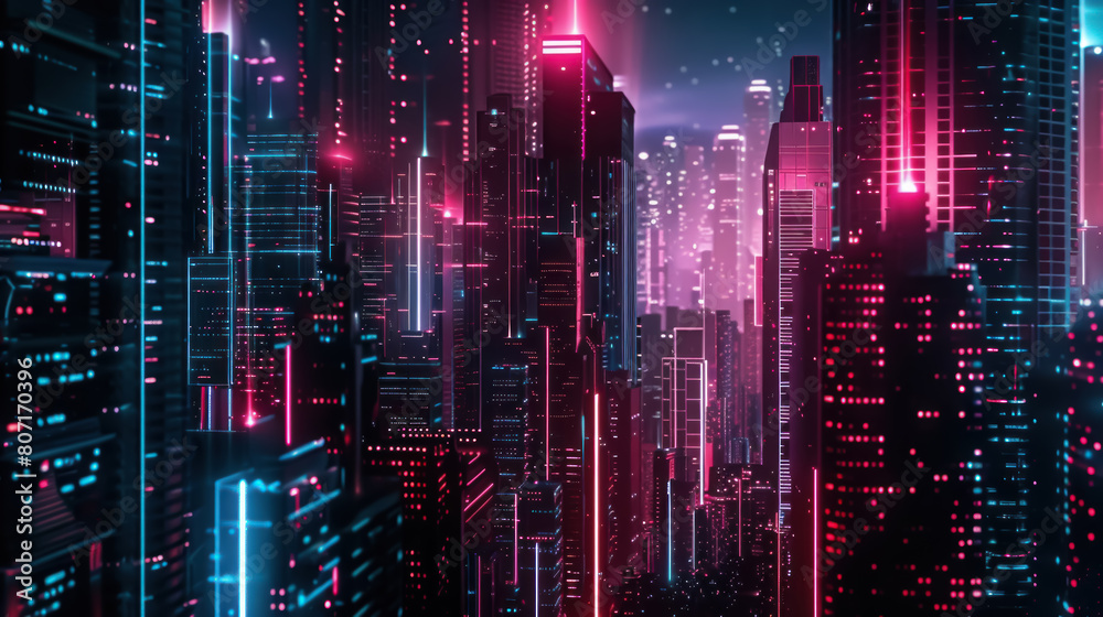 Cyberpunk Cityscape, Neon-lit skyscrapers with retro digital elements, Urban future, Copy space